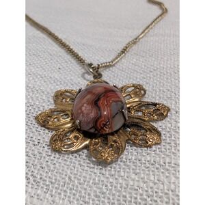 Vintage Crazy Lace Agate Pendant Necklace Gold Tone Filigree Flower Natural...